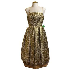 Handmade Gold & Brown Fern Print Dress W/ Crystal-Like Belt Buckle Spaghetti Str